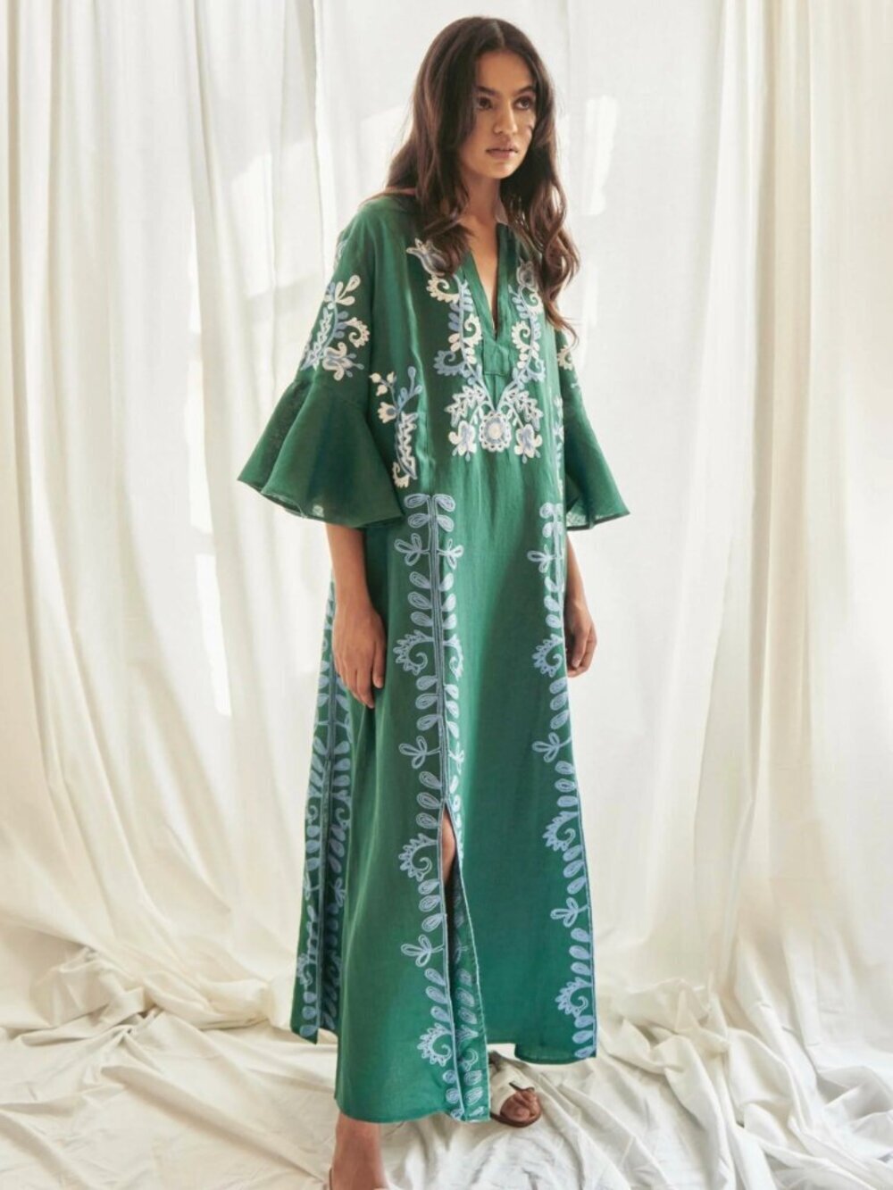 March 11 Mariposa Floral Embroidered Linen Kaftan Maxi Dress, Jade Green, sz XS
